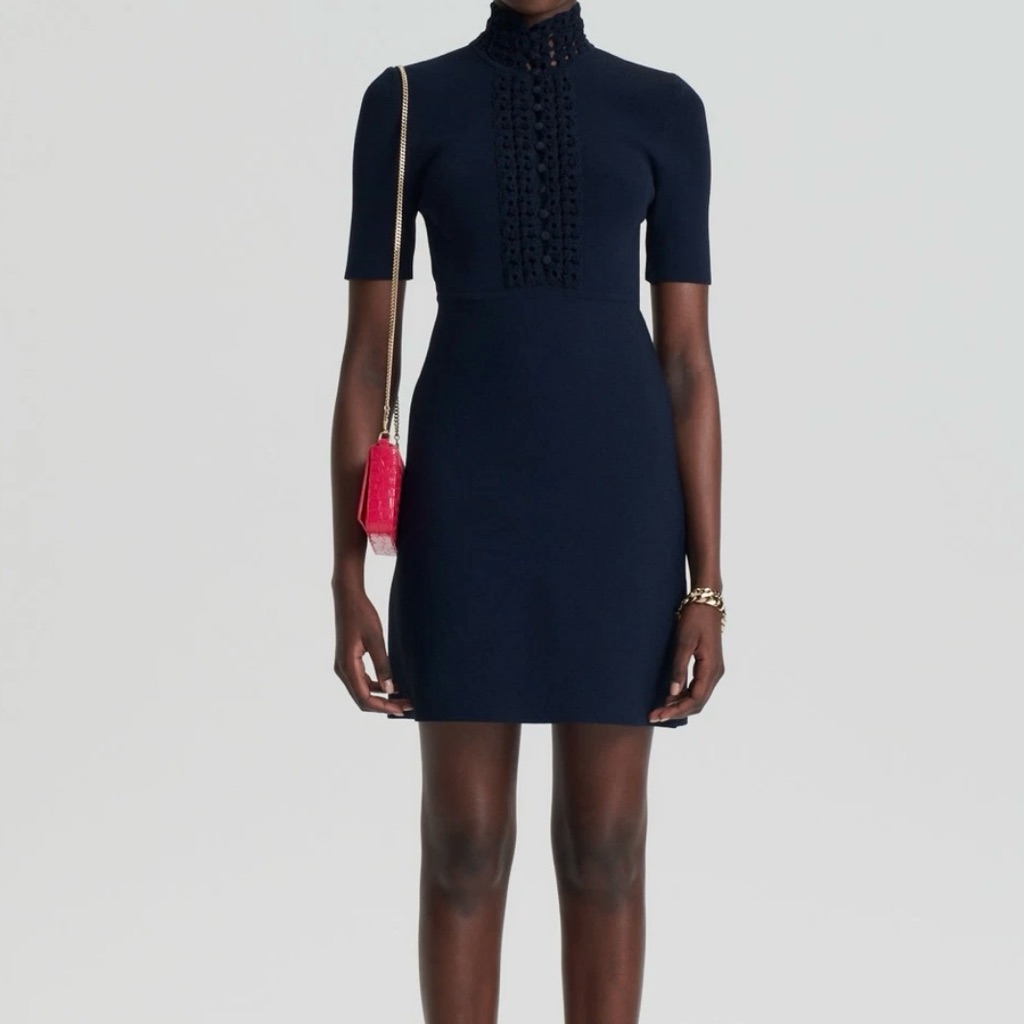 Scanlan Theodore Crepe Knit Navy Daisy Mini Dress Xs - New With Tags